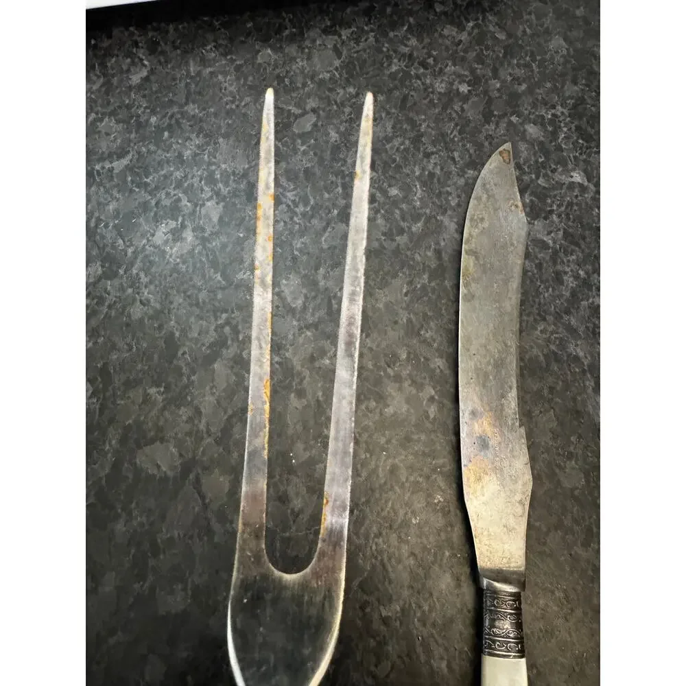 Antique Meriden Cutlery Co. Carving Set MOP Handle Knife Fork Silver Ferrule